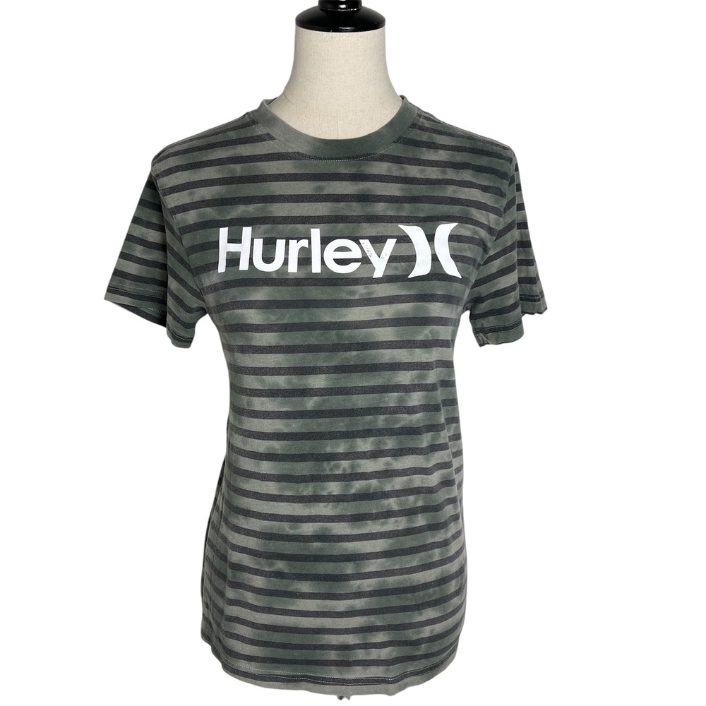 Hurley Boys Striped T Shirt Size L Army Green Black Short Sleeve Casual Top‎